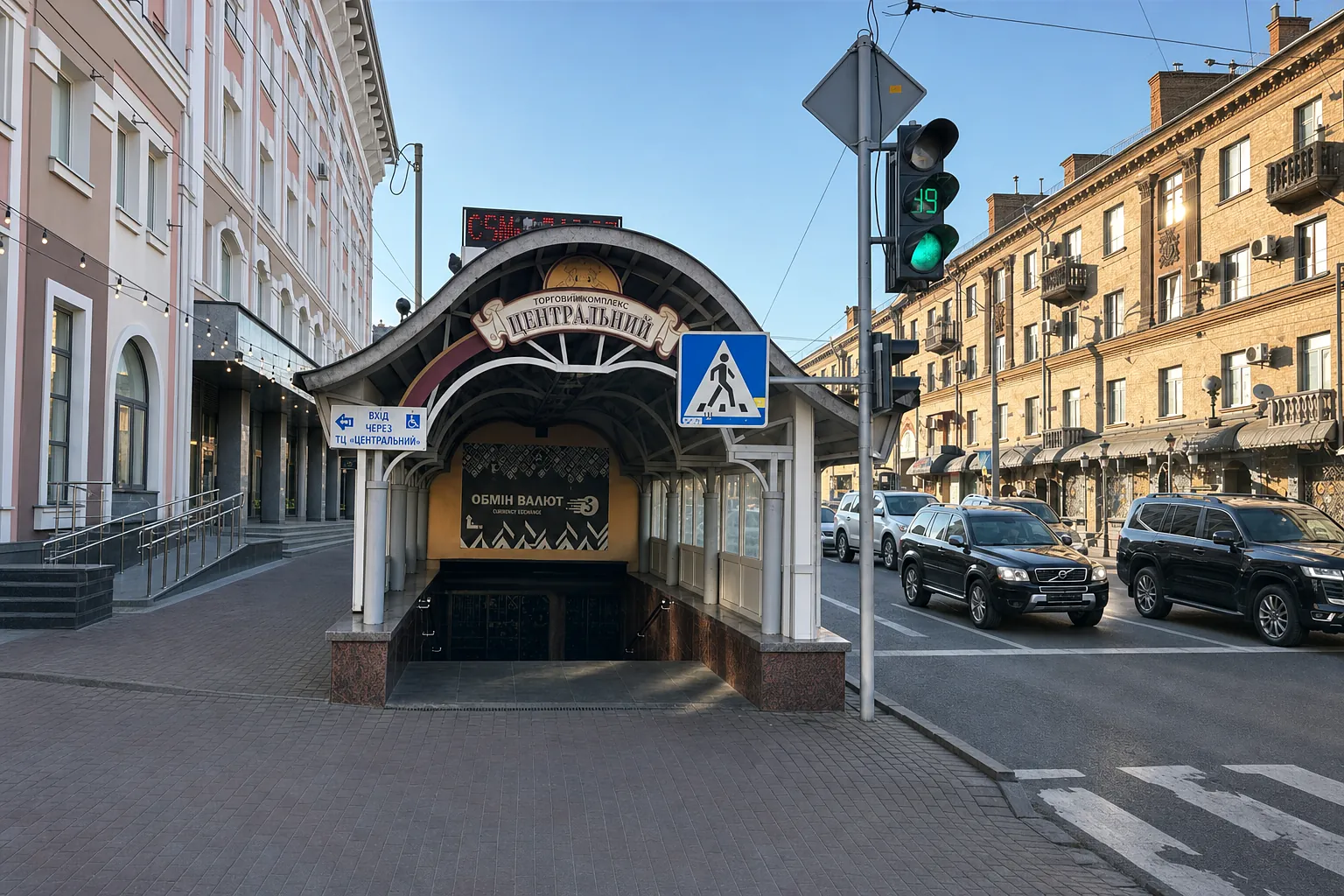 Вхід до торгового центру «Центральний» з вулиці: арковий навіс із вивіскою «Центральний»